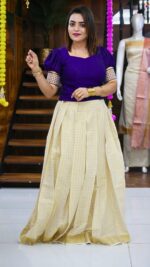 Kerala Tissue Semi-Stitched Cheque Skirt & Semi Silk Crop Top Material - Image 7