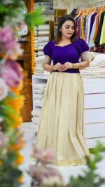 Kerala Tissue Semi-Stitched Cheque Skirt & Semi Silk Crop Top Material - Image 3